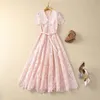 2024 Spring Pink Floral Embroidery Lace Dress Short Sleeve Peter Pan Neck Belted Midi Casual Dresses S4J090104 Plus Size XXL
