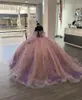 Robe Quinceanera rose du mexique, épaules dénudées, paillettes, grande taille, Corset, robe de bal avec manches lanternes, robe de bal, doux 16, 2024