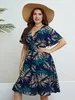 Plus size floral impressão envolto vneck vestidos femininos curto plissado mangas aline bohemia robe casual senhora férias roupas 240116