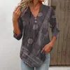 Women's T Shirts Button Up Shirt 3/4 Sleeve Top Oregelbundna hem V-Neck Topps Casual Daily Vintage Print Kvinnliga T-shirts