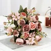 Dekorativa blommor som säljer vackra ros pion konstgjorda siden vit bukett hemfest vinter bröllop dekoration falsk