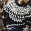 Maden vintage pesado islandês camisola em torno do pescoço fair isle jacquard malha pulôver outono inverno masculino preto jumper 240117