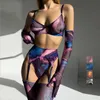 Set di biancheria intima sexy da donna elasticizzata in 5 pezzi Set di biancheria intima sensuale porno Reggicalze Cintura con reggiseno e slip Costume di lusso in tessuto erotico 240117