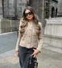 Dames mode élégant Camel Tweed printemps automne veste femmes mince bouton effiloché recadrée Oneck poche manteaux courts femme 240116