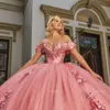 Розовое платье Quinceanera 2024, сверкающая ткань, милая аппликация, кружевные бусины, длинное бальное платье, платье для выпускного вечера, тюлевое платье с пайетками, вечернее платье MISS