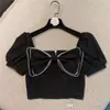 2024 Summer Kids Clothes Tops For Girls Fashion Bow Diamond Bubble Sleeve Square Neck Shirt Trendy Crop Top Children Clothing