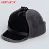 JERYAFUR, sombrero de cuero de invierno de alta calidad para hombre, piel de lana de cordero, orejeras gruesas cálidas, sombreros de bombardero, gorra de béisbol para hombre rusa 240116