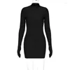 Casual Dresses With Glove Long Sleeved Solid Color Slim Bodycon Dress Women Half High Collar Skinny Mini Evening Club Party Vestidos