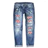 Women's Jeans Summer Vintage Women Fashion Ripped Hole Plaid Patch Patchwork Long Denim Pants Casual Streetwear Trousers