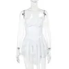 Robes décontractées Corset en dentelle blanche Mini robe à volants plissée A-ligne courte été femmes 2024 sexy spaghetti sangle dos nu plage