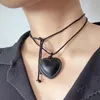 Pendant Necklaces Black Leather Large Love Heart Necklace For Women Girls Vintage Adjustable Rope 2024 Fashion Jewelry