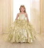 2020 Sparkling Girls Pageant Dresses Gold Princess Spaghetti Strap Crystal Beads Ruffles Organza Ball Gown Flower Girls Dresses Wi5456914