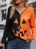 Blusas femininas laranja preto retalhos impressão halloween topo zíper v pescoço feminino casual solto blusa streetwear manga longa pullovers todos