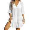 Robes décontractées Volants Solid Cover Up Femmes Robe Couleur Légère Chemise à manches longues Été Respirant Mini Beachwear