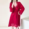 Dames Nachtkleding Loungewear 2 STUKS Kimono Robe Set Nachtkleding Dames Badjas Jurk Lange Mouw Sexy Lave Nachtjapon Intieme Lingerie