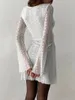 Abiti casual Estate/Primavera da donna in pizzo bianco abito slim svasato trasparente manica lunga girocollo elegante mini