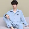 Mannen Nachtkleding Koraal Fluwelen Mannen Pyjama Set Warme Knop Dikke Lange Mouw Broek Nachtkleding Flanel Homewear Sets Koreaanse Mode