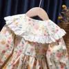 Baby Girls Floral Princess Dress Spring Autumn Korean Style Långärmad stor Turn Down Collar Kids Girl Dresses Summer 240116