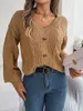 Suéteres de mujer, suéter holgado informal para mujer, jersey con manga acampanada y cuello en V, Tops, ropa de calle para niña, prendas de punto con botones para mujer