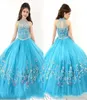 2017 Novo Sheer High Neck Frisado Cristal Sem Mangas Vestido de Baile Turquesa Tule Vestidos Da Menina de Flor RACHEL ALLAN Girls Pageant Dresse1984013