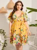 4xl 5xl Plus Size Midi Dres 2023 Sommer V-Ausschnitt Kurzarm Blumendruck Gelbes Kleid für Frauen Große Strandkleider 240116