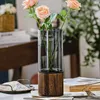 Vases Modern European Style Vase Living Room Dining Table Flower Arrangement Wooden Base Transparent Glass Vase Home Decoration Gift YQ240117