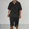 Survêtements pour hommes 2024 Été Costume décontracté Mode Solide Couleur Tricoté Short rayé Deux pièces Ensemble Simple Hommes À Manches Courtes Plage Vacances 8ZMT