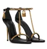 Summer Luxury Padlock Sandals Shoes Women T-Strap Curb-chain Gold Metal Gold Black Pink Stiletto Heel Party Wedding Lady Sexy Gladiator Sandalias EU35-43