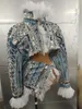 Stage Wear Sexy Blue Jean Pattern 2 Pieces Set Sequins Costume Outfit Birthday Party Dance Nightclub Singer Performance Top Skirt