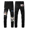 Jeans masculinos American Street Hip-Hop, lavados com água, desgastados, remendados, costurados, remendados com estrelas, ajuste fino, calças jeans AMR modernas com estilo gotejamento e detalhes de broca