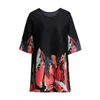 女性のTシャツmiyakeMom Spring wear Young and Beautiful Fashion Print Tシャツ女性2024ルーズプラスサイズの乗組員トップ3/4スリーブ