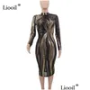 Grundläggande avslappnade klänningar Casual Dresses Liooil Sequin Y Mesh Sheer BodyCon Midi Dress 2021 Autumn Winter Long Sleeve See Through DH1OG