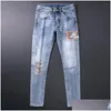 Men'S Jeans Mens Jeans Street Style Fashion Men Retro Light Blue Elastic Slim Fit Ripped Es Designer Hip Hop Denim Pants Hombremens D Dhwmu