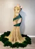 Emerald Green Gold African Prom Dresses Sparkly Diamond Crystal Feather Sheer Mesh Evening Slay Birthday Gown for Black Girl