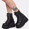 Women's Punk Style Thick-soled Wedge-heeled Knight Boots Large Size Cross-lace Thick-soled Mid-tube Women's Gothic Cowboy Boots 240116