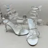 Rene Caovilla High Heel Sandals Fashion Rhinestone Decoration Designer Shoes 9.5cm klackar Kvinnor Satin Snake Wrapped Farterfly Flower High Quality