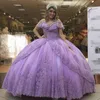 Vestidos de 15 a os Светло-фиолетовые платья Quinceanera с короткими рукавами и v-образным вырезом, кружевными бусинами и блестками, с открытой спиной, платье Sweet 16, бальное платье Pro2518