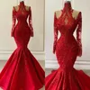 Modeste dentelle rouge sirène arabe Dubaï robes de soirée appliques perlées longues robes de bal manches longues 2022 Robe De Soiree235O