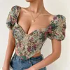 Mulheres Camisetas Estilo Francês Puff Mangas Corset Top Sexy Backless Fishbone Bustier Tanque Mulheres Vintage Flor Irregular Camisole Streetwear