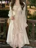 Elegant Sweet Fairy Dres Spring Summer Long Sleeve Midi Dress Korean Fashion Vintage Solid Color High midja A Line 240117