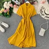 Vestidos casuais manga curta botão até camisa vestido feminino coreano fada verão doce escritório renda longo vestido mujer