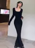 Qweek y2k seksi siyah dres vintage wrap slim bodycon uzun elbiseler parti akşam kare yaka 2024 moda bahar kıyafetleri 240117