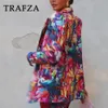 Trafza 2023 outono inverno feminino senhora do escritório ternos de impressão solto encolher blazers cintura média magro lápis calças oco para fora curto camis 240116