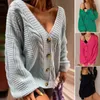 Kadın Örgü Retro V Boyun Fener Uzun Kollu Twist Doku Sıcak Örme Kaplama Sonbahar Kış Düz Renk Düğmeleri Placket Hardigan Sweater