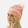 Bérets élégant dame casquette bonnet paillettes automne hiver chaud tricoté bonnet amovible boule de cheveux