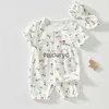 プルオーバー3-24か月夏新生児の女の赤ちゃんロンパーズヘッドウェア2PCSセットコットンプリント衣類幼児ジャンプスーツファッション服女の子h240508