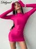 Dulzura Solid Long Sleeve With Gloves Mini Dress BodyCon Sexy Streetwear Party Half Turtleneck Outfits Y2K Clothes Wholesale 240117