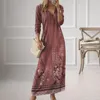 Casual Dresses Women Long Dress Loose Fit Floral Print Plaid Patchwork Maxi V-neck Sleeve Streetwear