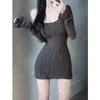 Casual Dresses Pure Girl Square Neck Waist Long Sleeve Knitted Wrap Hip Short Dress For Women Y2k Formal Occasion Vestidos 2024