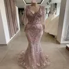 Luxury Dusty Pink Lace Appliqued Mermaid Prom Dresses Vintage Long SemeVes Sequined Beaded Evening Gown Long Formal Party Party Pageant 229V